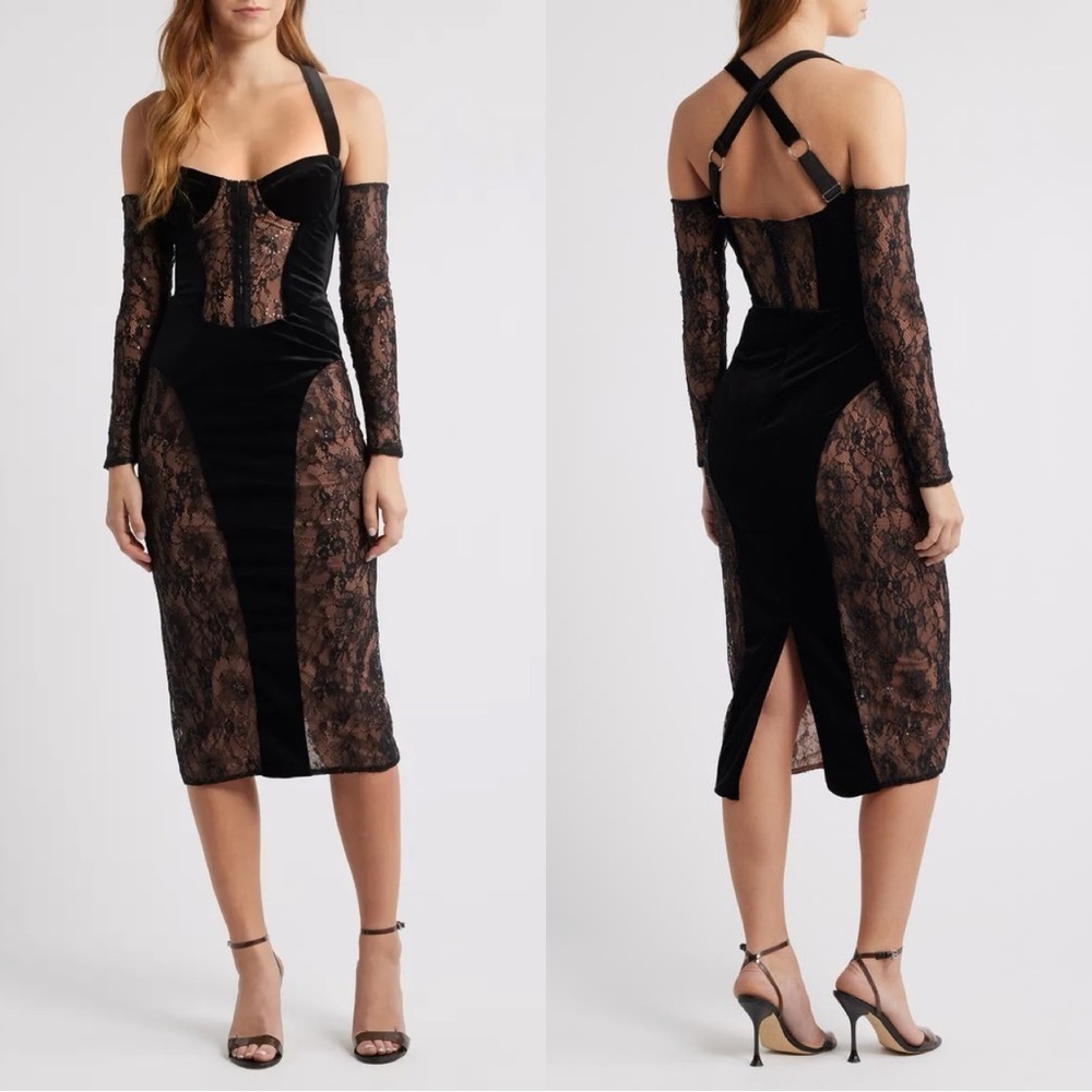 Mistress Rocks Velvet & Lace Corset Cocktail Midi Dress